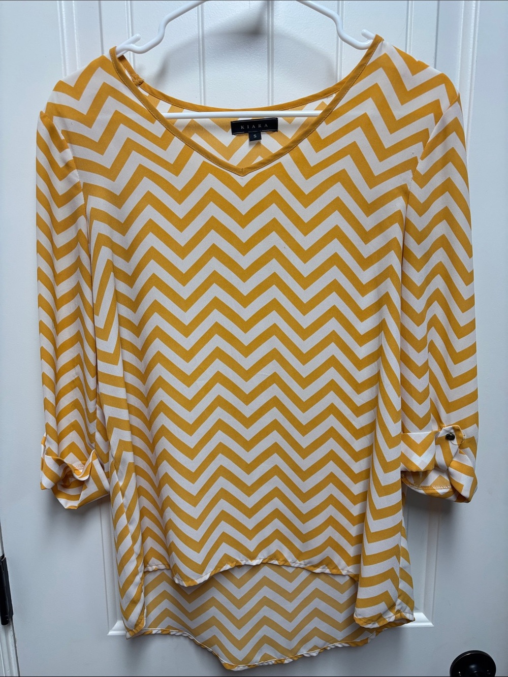 Kiara Yellow Chevron V-Neck Roll-Tab Blouse